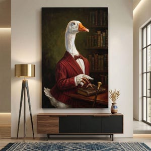 Leinwandbild „Gans im Anzug“, Wandbild „Gentleman Gans“, viktorianisches Tierporträt, witzige Bürodekoration, verspielte Bibliothekskunst, elegant