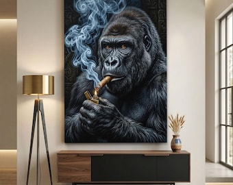 Gorilla Smoking Cigar Canvas Print, Cool Animal Wall Art, Mafia Gorilla Poster, Modern Office Decor, Masculine Man Cave Home Wall Art