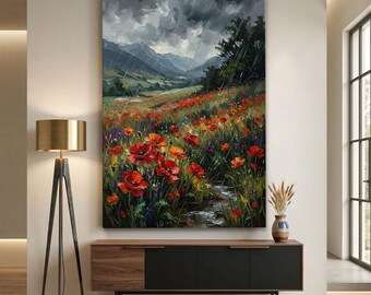 Poppy Field Wall Art, Rainy Mountain Landscape Canvas Print, Moody Nature Decor, Dark Floral Meadow Wall Art, Impressionist Rural Home