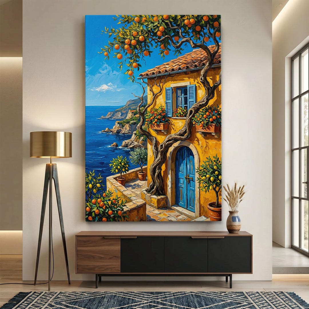 Mediterranean Coastal Canvas Print, Italian Villa Wall Art, Amalfi ...