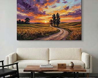 Sunset Landscape Canvas Print, Country Road Wall Art, Orange Purple Sky Decor, Rustic Farmhouse Art, Nature Field Print, Large Wall Decor