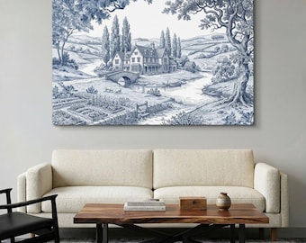 Toile De Jouy Wall Art, Farmhouse Landscape Canvas Print, English Countryside Sketch, Blue And White Wall Decor, Rustic Cottage Scene