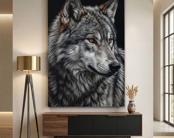 Wolf Canvas Print, Realistic Animal Wall Art, Grey Wolf Portrait, Moody Wildlife Decor, Rustic Home Accents, Dark Nature Wall Decor