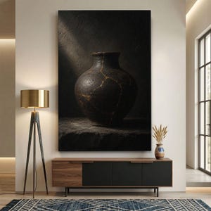 May include: A large rectangular wall art print featuring a dark, textured vase with visible gold-colored cracks running across its surface. The vase is set against a dark, moody background with a single light source illuminating the side of the vessel.