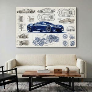 Canvastavla med superbilsritning, väggkonst för teknisk ritning av sportbil, modern garagedekor, schematisk man cave-gåva för bilteknik