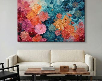 Abstract Floral Canvas Print, Colorful Flower Wall Art, Modern Botanical Painting, Impasto Textured Decor, Vibrant Living Room Wall Art