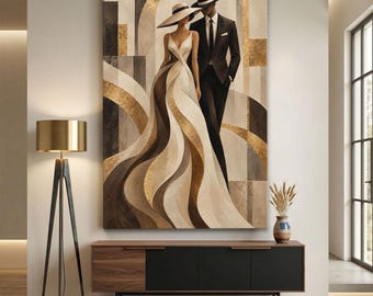 May include: A vertical wall art print featuring a stylized illustration of two figures in formal attire. A figure in a flowing cream and brown gown with a wide-brimmed hat stands beside a figure in a black suit and fedora against an abstract background.