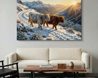 Highland Cow Canvas Print, Mountain Wall Art, Winter Farmhouse Decor, Snowy Landscape Poster, Rustic Cabin Wall Art, Farm Animal Canvas