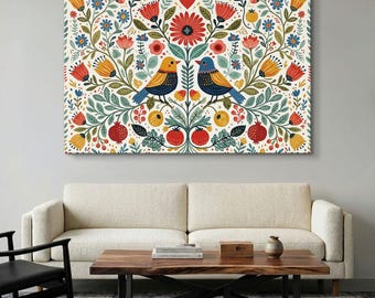 Folk Art Bird Canvas Print, Botanical Floral Wall Art, Scandinavian Inspired Garden Decor, Red And Blue Nature Illustration, Cottagecore