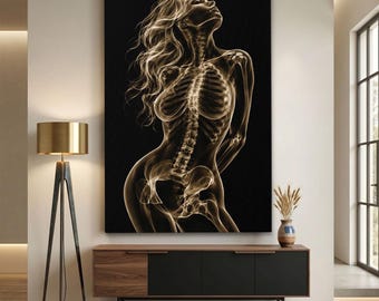 Skeleton Woman Canvas Print, Dark Moody Xray Wall Art, Gothic Anatomical Woman Art, Chiropractic Decor, Sepia Bone Skeleton Wall Hanging