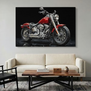 May include: A rectangular wall art print featuring a side profile of a red cruiser motorcycle with chrome engine details and spoked wheels. The motorcycle is set against a solid black background, highlighting the vibrant red fuel tank and fenders.
