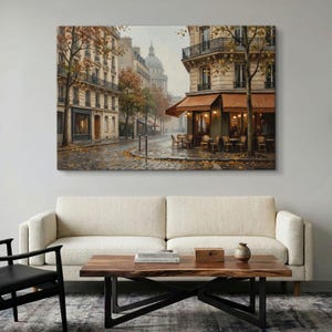 Paris Cafe Canvas Print, Autumn City Street Wall Art, French Architecture Print, Cozy Fall Paris Artwork, Romantic European Cityscape Decor