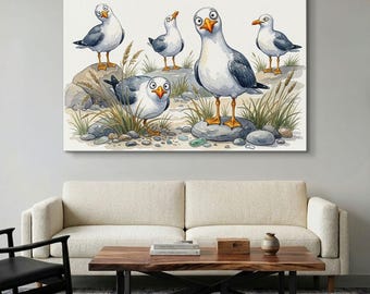 Seagull Canvas Print, Whimsical Bird Wall Art, Funny Beach Decor, Coastal Nursery Art, Cute Animal Print, Nautical Bathroom Wall Decor