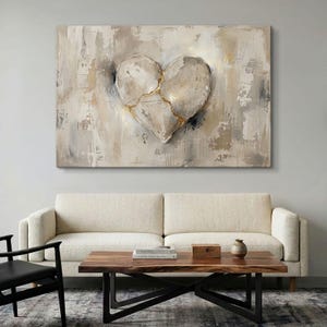May include: A rectangular wall art canvas featuring a large, central heart shape with a textured, cracked surface. The heart is rendered in shades of beige, cream, and grey, with a prominent gold-colored vein running through the center crack.