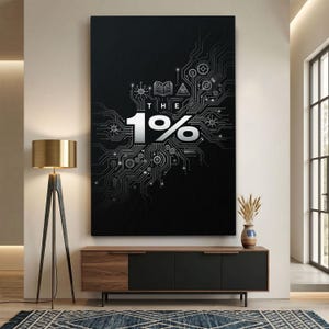 Puede incluir: Una pieza de arte mural rectangular con fondo negro, patrones de circuitos impresos en blanco y el texto THE 1% en letras plateadas grandes. El diseño incluye pequeños iconos de un libro abierto, un ojo en un triángulo y formas de engranajes.