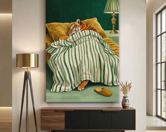 Tiger Sleeping Canvas Print, Cute Tiger Wall Art, Bedroom Decor, Animal Illustration, Whimsical Art, Cozy Tiger Print, Forest Green Decor