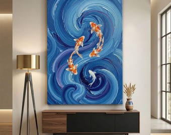 Koi Fish Canvas Print, Blue Ocean Wall Art, Japanese Zen Decor, Swirling Water Painting, Abstract Nature Print, Modern Living Room Art