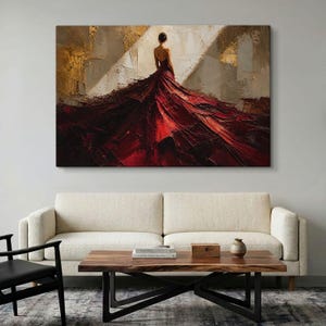 Woman In Red Dress Wall Art, Abstract Fashion Canvas Print, Elegant Glamour Decor, Dark Moody Luxury Art, Sophisticated Bedroom Artwork