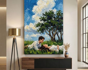 Couple In Field Canvas Print, Romantic Oil Painting Wall Art, Impressionist Nature Decor, Lovers Under Tree, Wedding Gift, Summer Artwork
