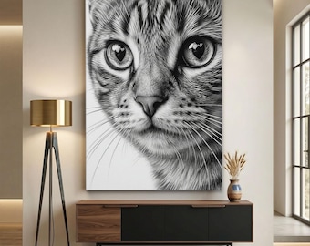 Cat Canvas Print, Heart Eye Kitty Wall Art, Black And White Animal Decor, Realistic Pet Portrait, Whimsical Feline Nursery Art Decor