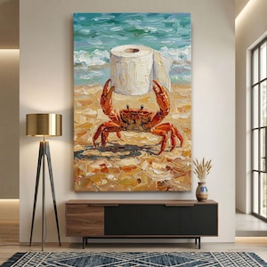 May include: An oil painting on canvas depicting a bright orange crab standing on a sandy beach, holding a roll of white toilet paper above its head. The background features textured, impasto-style brushstrokes of blue ocean waves.
