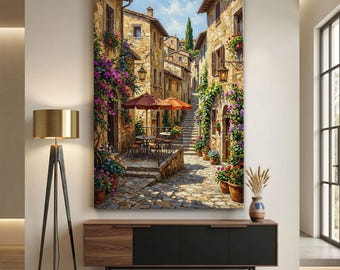Italian Street Canvas Print, Tuscany Village Wall Art, Mediterranean Cafe Decor, Floral Alleyway Print, Summer Garden Wall Decor