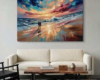 Couple On Beach Canvas Print, Romantic Sunset Wall Art, Impasto Oil Painting Print, Coastal Decor, Colorful Seascape, Bedroom Wall Art