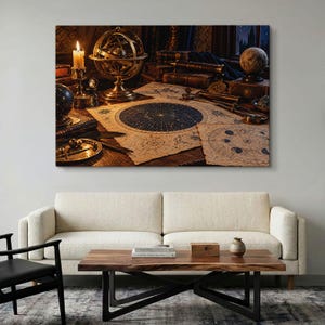 May include: A rectangular wall art print depicting a dark, scholarly desk scene with a brass armillary sphere, a lit candle, antique leather-bound books, a small globe, and detailed celestial star charts printed on aged, parchment-like paper.
