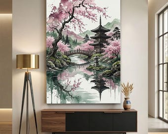 Japanese Pagoda Canvas Print, Zen Garden Wall Art, Watercolor Cherry Blossom Decor, Asian Landscape Art, Tranquil Nature Home Decor