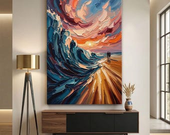 Ocean Wave Canvas Print, Sunset Beach Wall Art, Couple Walking On Beach Painting, Impasto Oil Texture Art, Abstract Sea Landscape Decor