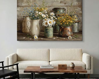 Rustic Farmhouse Kitchen Wall Art, Daisy Flower Canvas Print, Country Cottage Decor, Neutral Floral Print, Farmhouse Still Life Decor