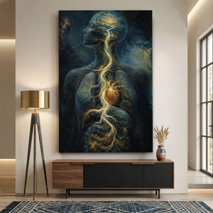 Op de afbeelding: Een grote rechthoekige wandkunstprint met een donkerblauw en zwart silhouet van een menselijk figuur. Een gloeiend gouden licht stroomt vanuit de hersenen door de borst en buik, wat lijkt op vertakte boomwortels of een zenuwstelsel.