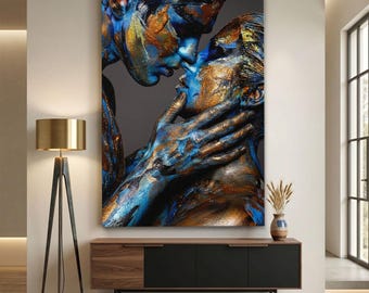 Abstract Lovers Canvas Print, Blue Gold Metallic Wall Art, Romantic Couple Art, Contemporary Figurative Decor, Intimate Portrait Poster