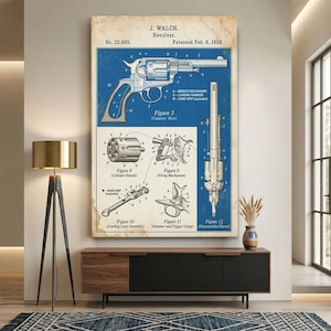 May include: A vintage-style patent print of a J. Walch revolver dated February 8, 1859. The blue and cream poster features technical diagrams labeled Figure 3, 8, 9, 10, and 12, detailing the cylinder, firing mechanism, and loading lever.