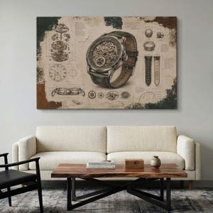 Könnte beinhalten: Ein rechteckiger Wandkunstdruck mit einer detaillierten technischen Illustration einer mechanischen Armbanduhr. Das Bild zeigt eine Explosionszeichnung der Uhrenkomponenten, ein Seitenprofil und Armbanddetails auf einem strukturierten, beigen Hintergrund.