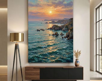Coastal Sunset Canvas Print, Seascape Wall Art, Nautical Ocean Decor, Calm Beach Scenery, Modern Landscape Art, Mediterranean Coast