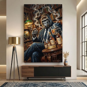 Gorilla Smoking Cigar Canvas Print, Sophisticated Ape Bar Wall Art, Gentleman Monkey Liquor Lounge Decor, Whiskey Drinker Office Poster