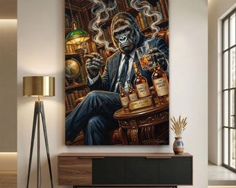 Gorilla Smoking Cigar Canvas Print, Sophisticated Ape Bar Wall Art, Gentleman Monkey Liquor Lounge Decor, Whiskey Drinker Office Poster