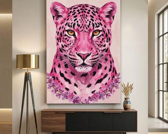Pink Leopard Canvas Print, Floral Cheetah Wall Art, Tropical Animal Decor, Vibrant Jungle Safari Poster, Bold Fuchsia Nursery Art