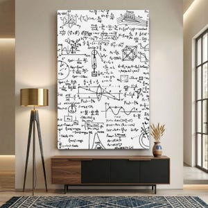May include: A vertical rectangular wall art piece featuring a white background covered in black handwritten physics and mathematics equations, diagrams, and scientific formulas including wave patterns, geometric shapes, and mechanical force vectors.