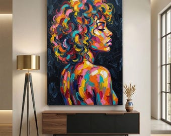 Abstract Woman Portrait Canvas Print, Colorful Oil Painting Wall Art, Vibrant Afrocentric Decor, Modern Palette Knife Textured Art Piece