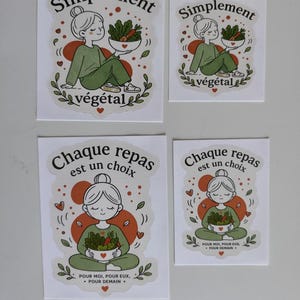Peut inclure: Quatre autocollants avec des illustrations d'une personne tenant un bol de légumes. Les autocollants portent les inscriptions « Simplement végétal » et « Chaque repas est un choix ». Les illustrations sont en vert, orange et blanc.