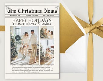 Editable Newspaper Style Family Photo Holiday Card (Digital Download)