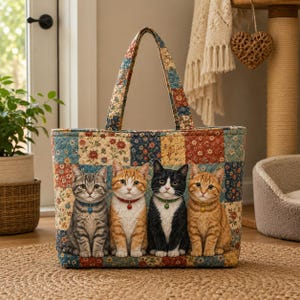 May include: A quilted tote bag featuring a patchwork floral pattern in shades of blue, red, and yellow. The front displays four realistic cats sitting side-by-side, each wearing a small collar with a bell in blue, red, green, and yellow.