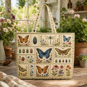 May include: A cream-colored quilted tote bag featuring a repeating pattern of various insects, including butterflies, dragonflies, ladybugs, and beetles, interspersed with colorful floral illustrations. The bag has two matching fabric handles.