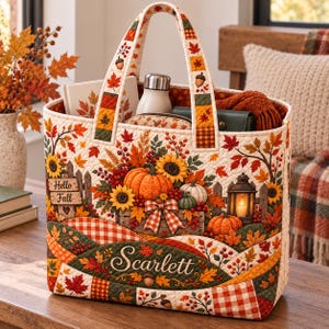Op de afbeelding: Een gewatteerde tas met een herfstthema, voorzien van pompoenen, zonnebloemen, herfstbladeren en een lantaarn. De tas toont de tekst "Hello Fall" op een houten bordje en de naam "Scarlett" in sierlijke letters op een donkergroene band.