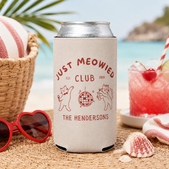 Personalized Cat Wedding Can Cooler, Custom Disco Bachelorette Koozie, Just Meowied Club Bridal Party Favor
