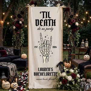 Til Death Do Us Party Linen Tapestry, Personalized Halloween Bachelorette Backdrop, Gothic Bride Banner