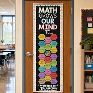 May include: A vertical classroom door banner with a black background featuring the text MATH GROWS OUR MIND TO... and a honeycomb pattern of colorful hexagons containing educational phrases, ending with Welcome to Mrs. Sophia's Classroom.