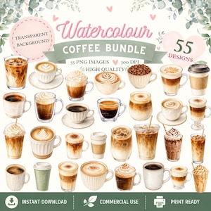 Aquarell Kaffee Clipart | 55 PNG Cafe Grafiken (Digitaler Download)
